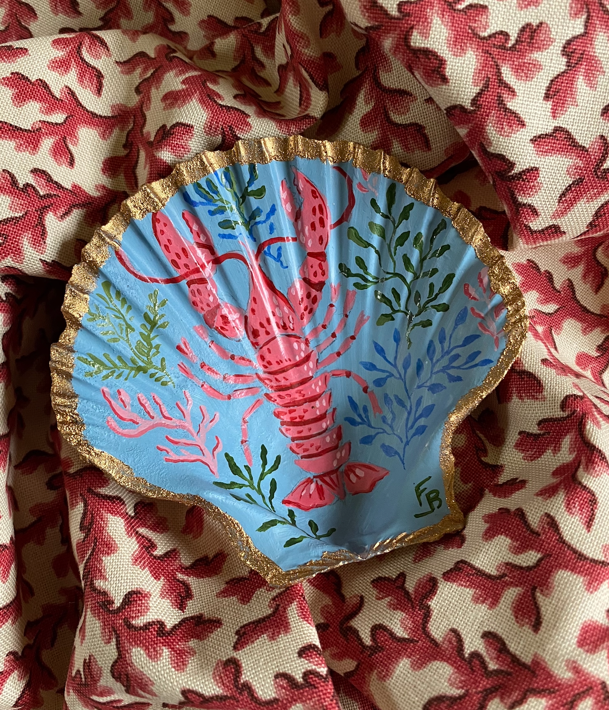 Hand-painted Scallop shell - Lobster