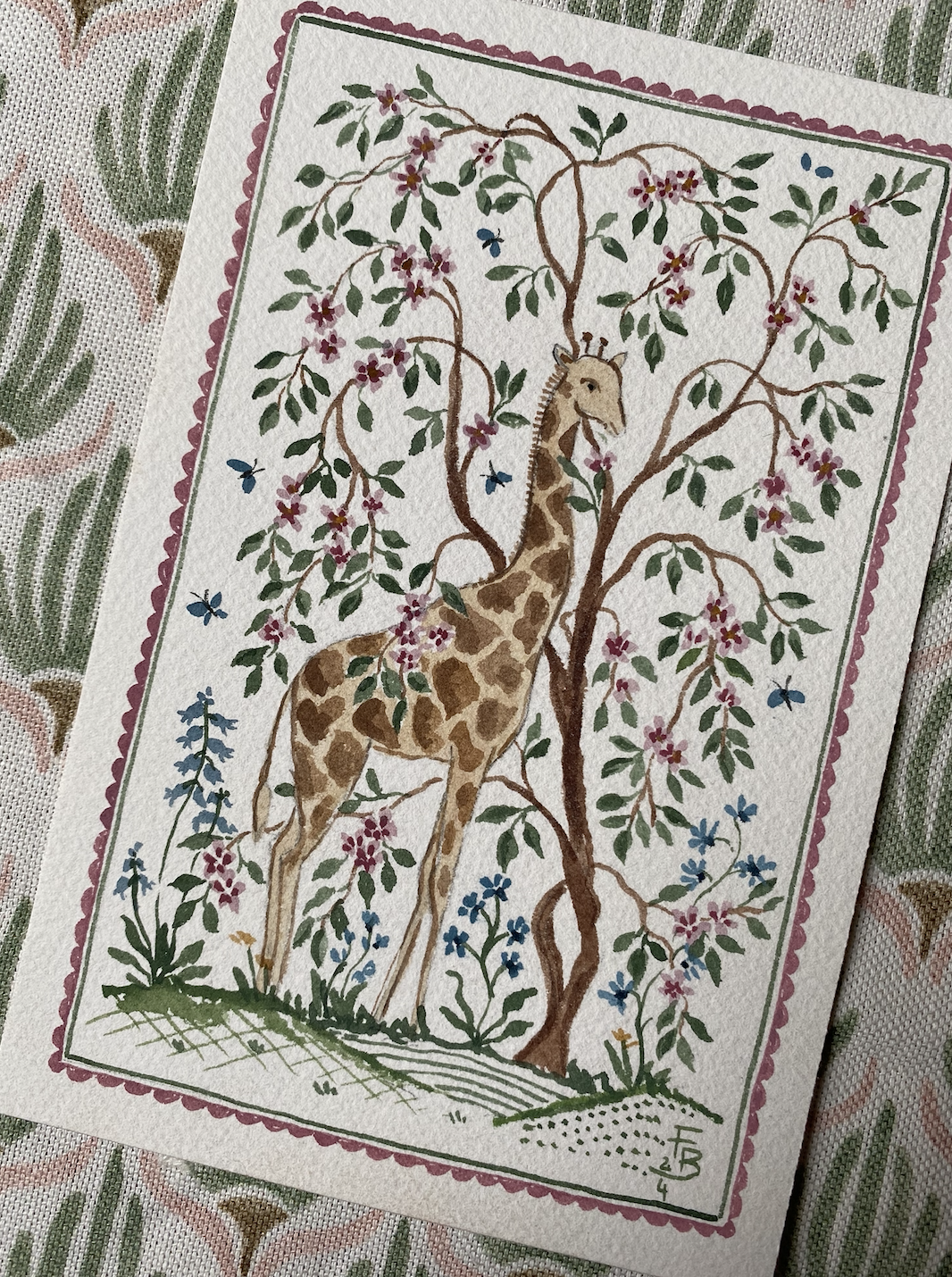 Miniature Watercolour painting - Giraffe and blossom tree