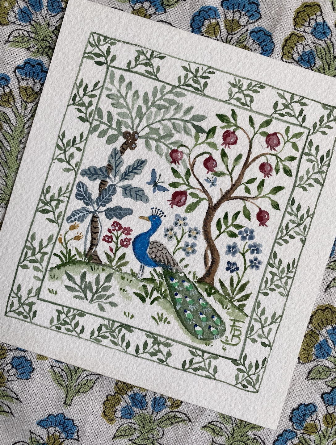 Miniature Watercolour painting - Peacock and pomegranates