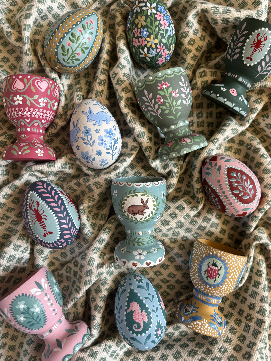 Hand-painted decorative egg - Blue bunnies