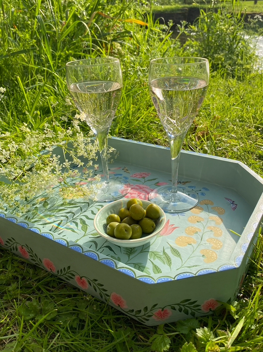 Hand-painted wooden tray - Mughal flowers