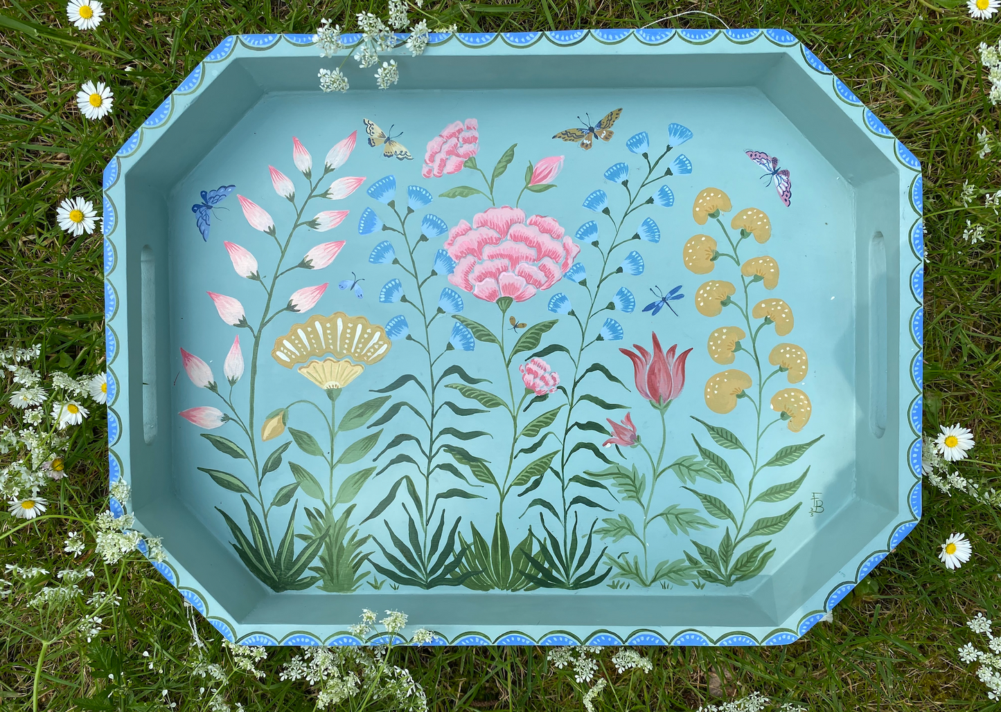 Hand-painted wooden tray - Mughal flowers