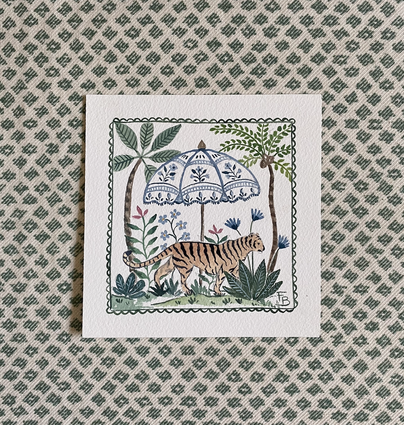 Miniature Watercolour painting - Tiger and parasol