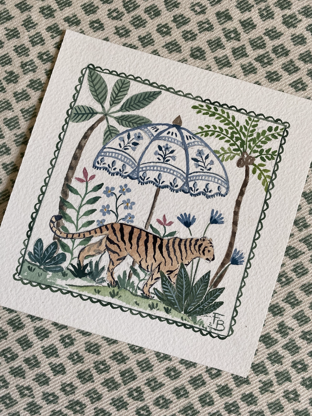 Miniature Watercolour painting - Tiger and parasol