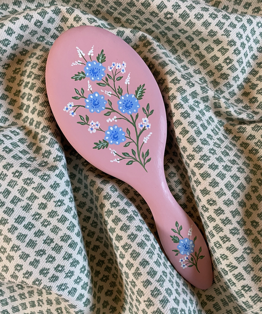 Large hand-painted hairbrush - Blue flowers