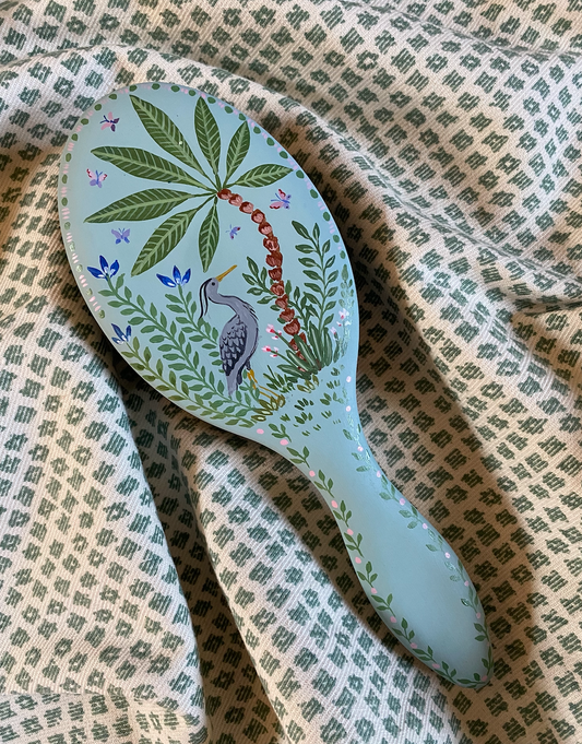 Large hand-painted hairbrush - Heron and Palm