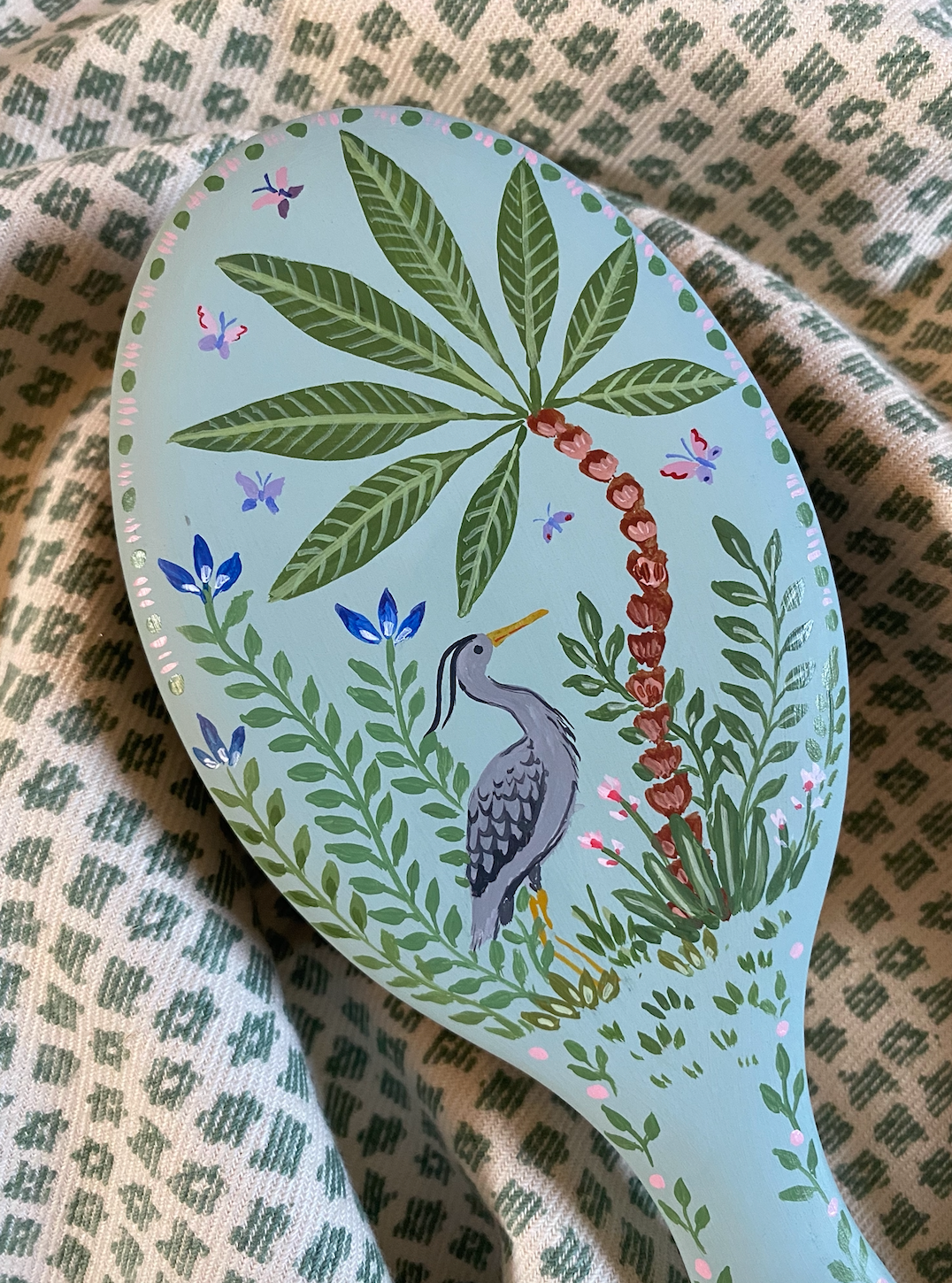 Large hand-painted hairbrush - Heron and Palm