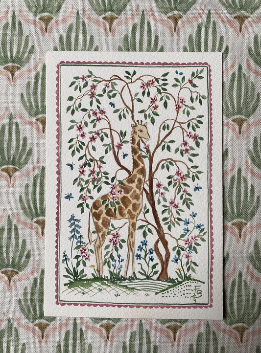 Miniature Watercolour painting - Giraffe and blossom tree