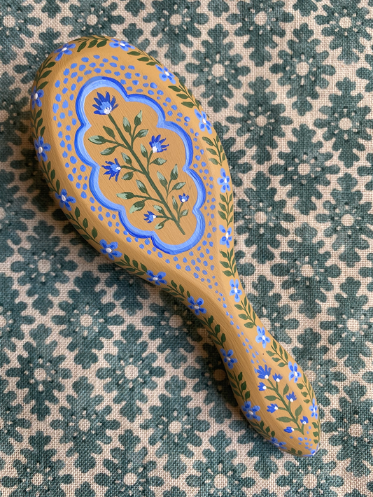 Small hairbrush - Yellow with blue flowers