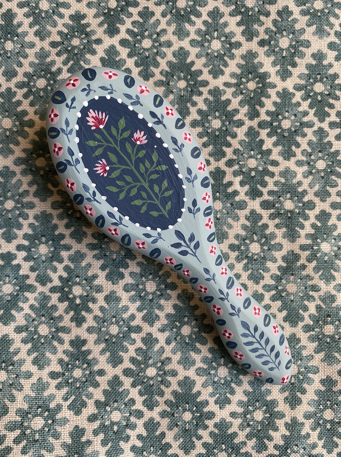 Small hairbrush - Blue with pink flowers