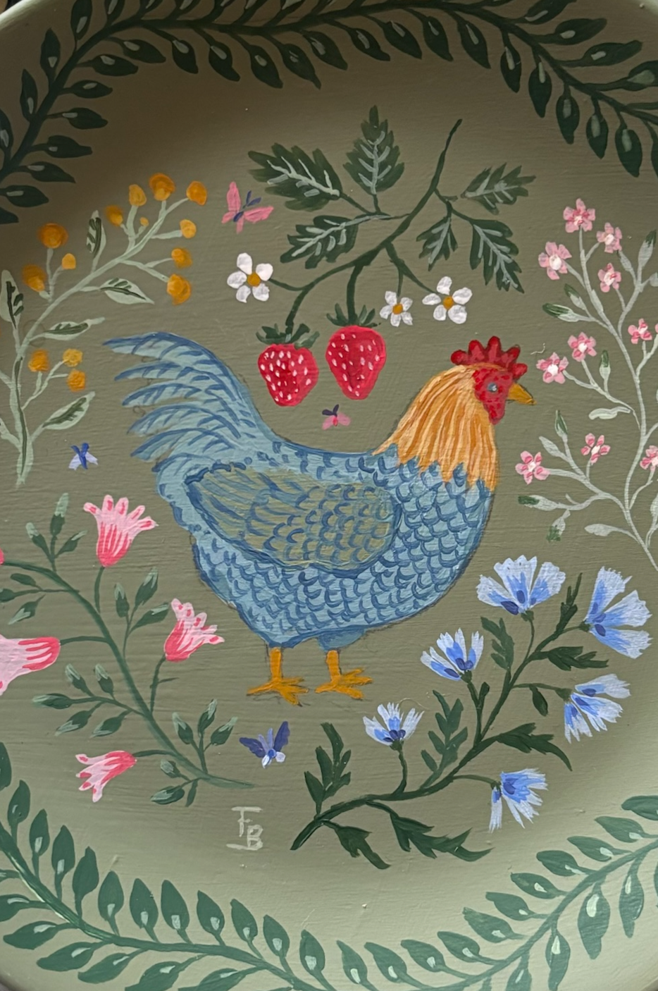 Small hand-painted plate - Spring Chicken
