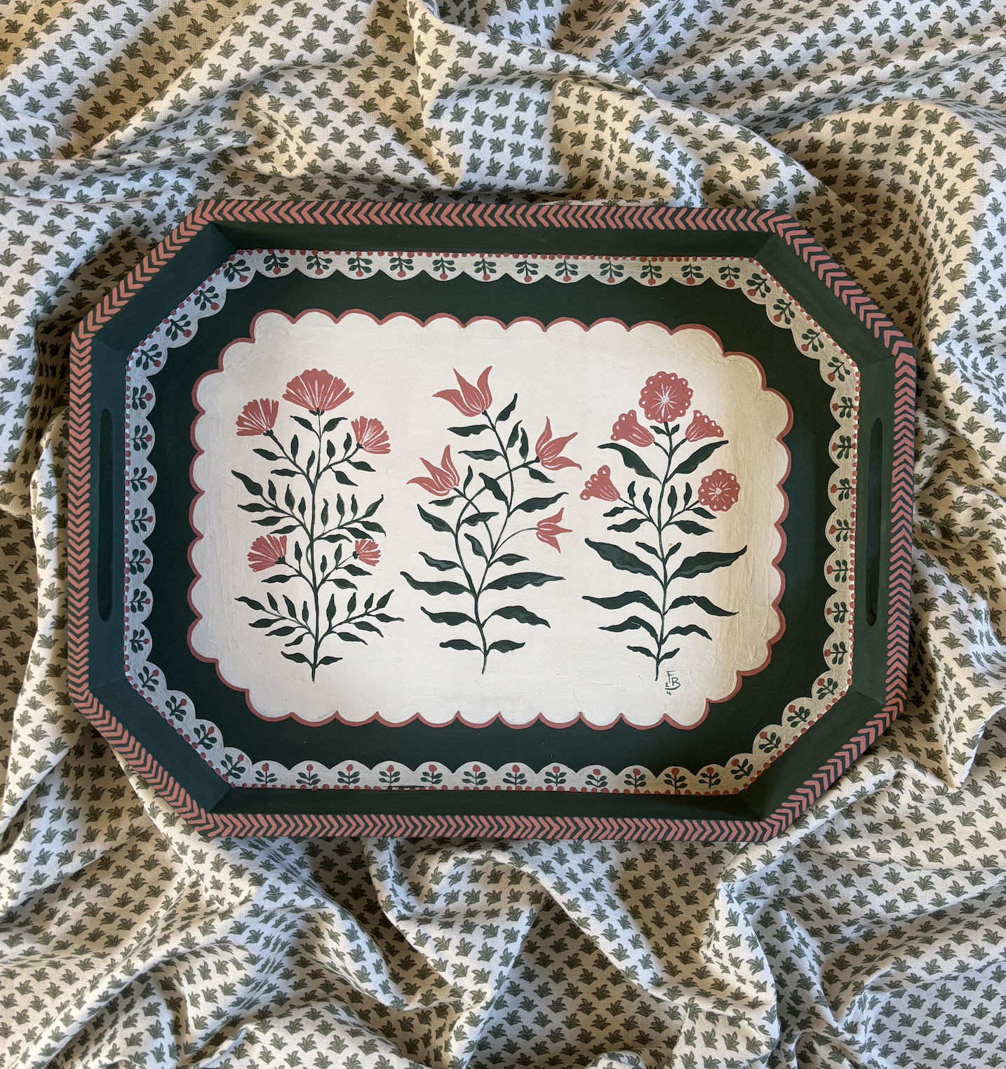 Hand-painted tray - Pink and green flowers