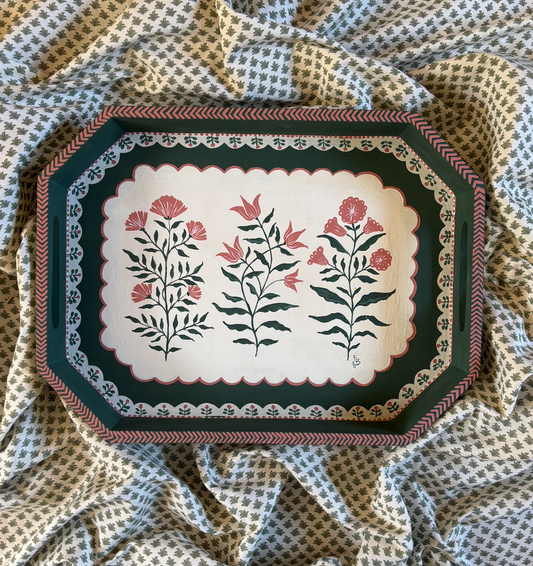 Hand-painted tray - Pink and green flowers