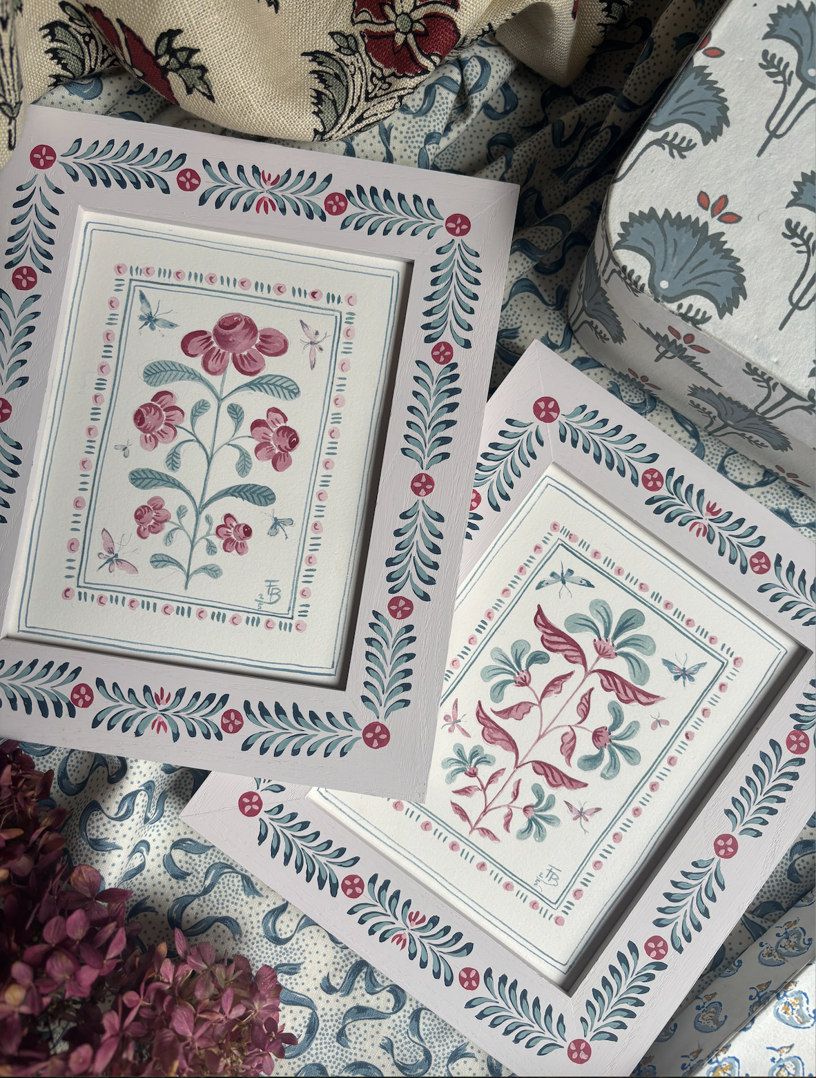 A pair of folk art watercolour paintings