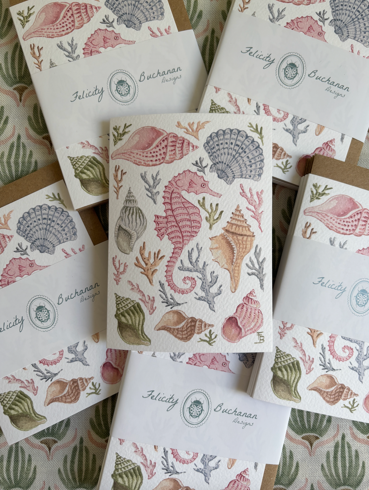 Pack of 5 Greetings Cards - Seahorse with Shells