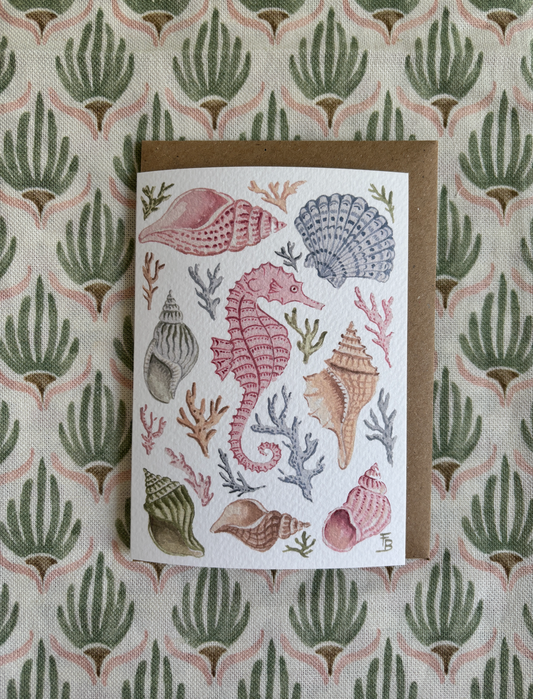 Pack of 5 Greetings Cards - Seahorse with Shells